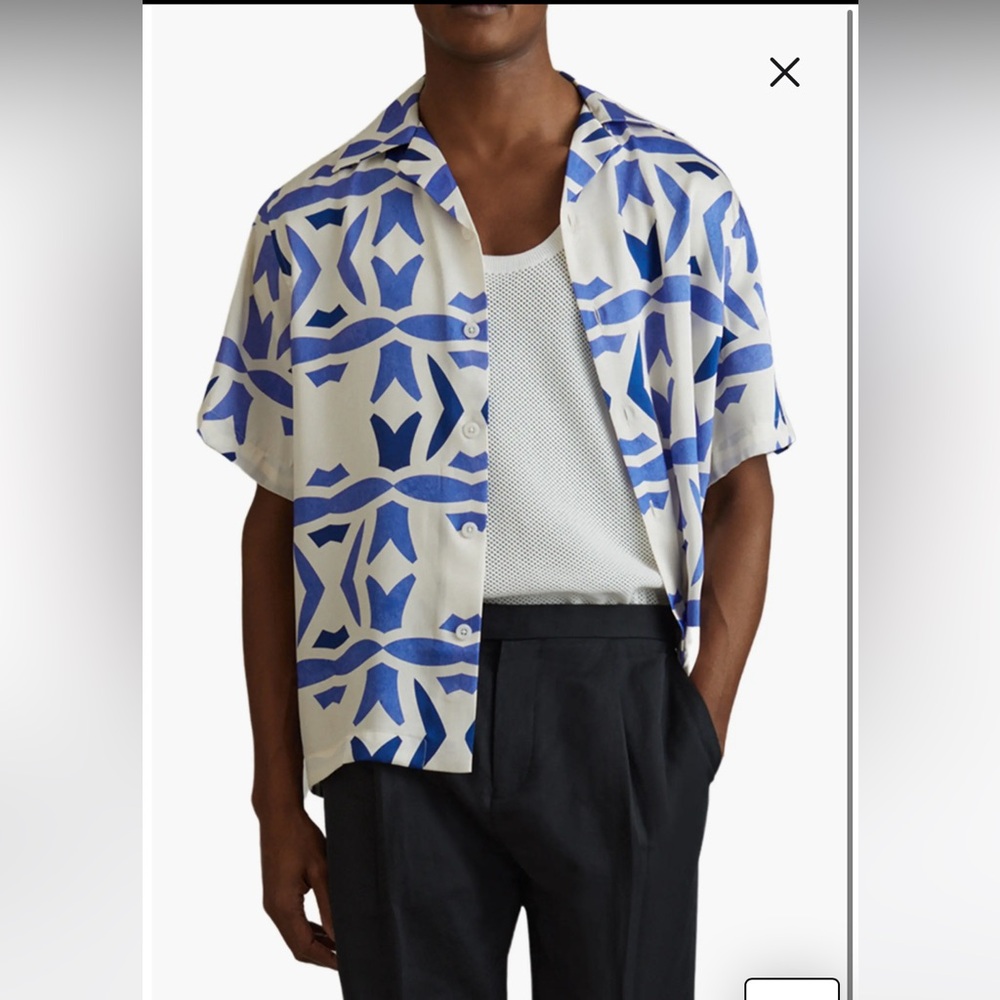 Reiss Cream & Blue Short-Sleeve Printed Camp Shirt